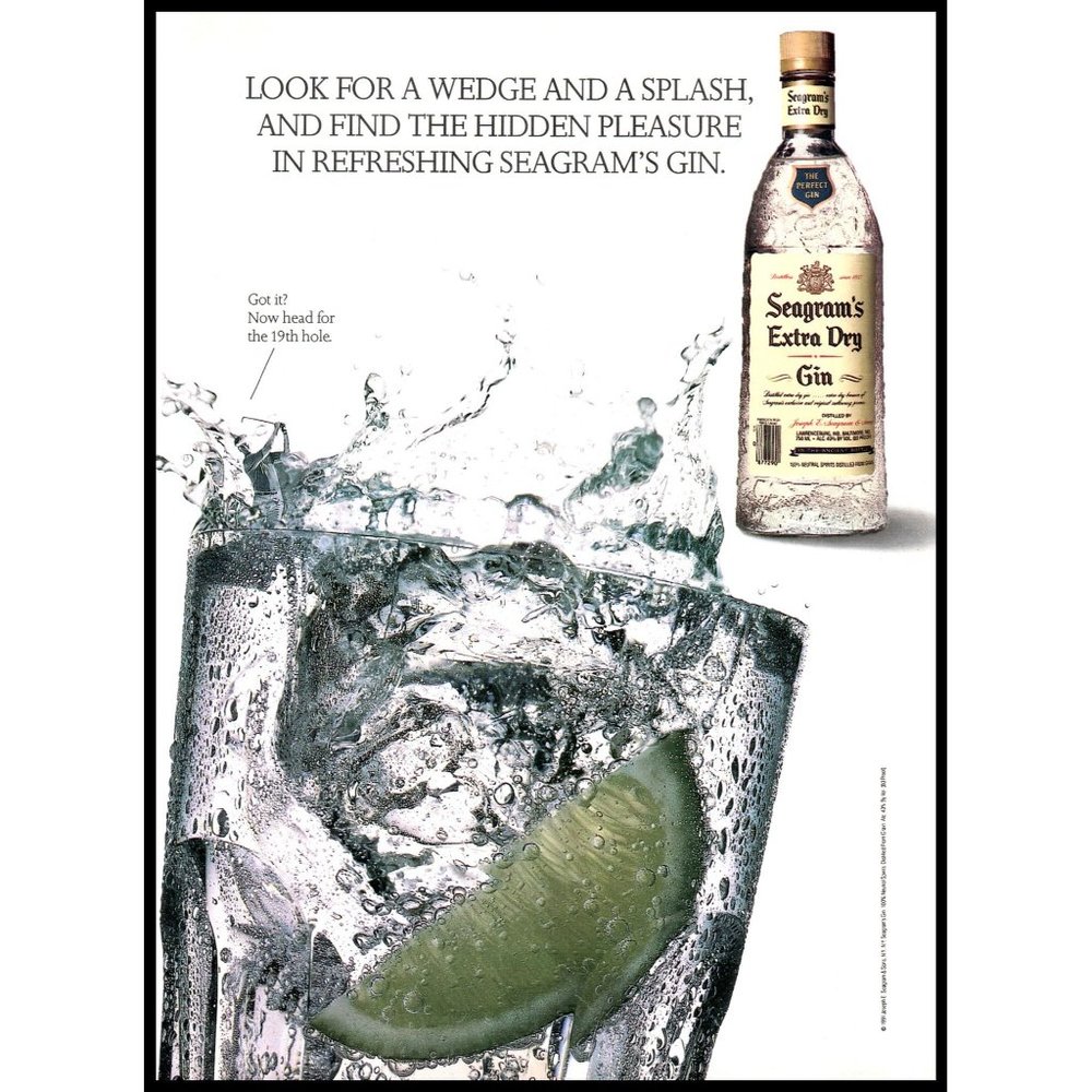 1992 Seagram's Extra Dry Gin Vintage Print Ad Lime Splash Rocks Glass Wall Art